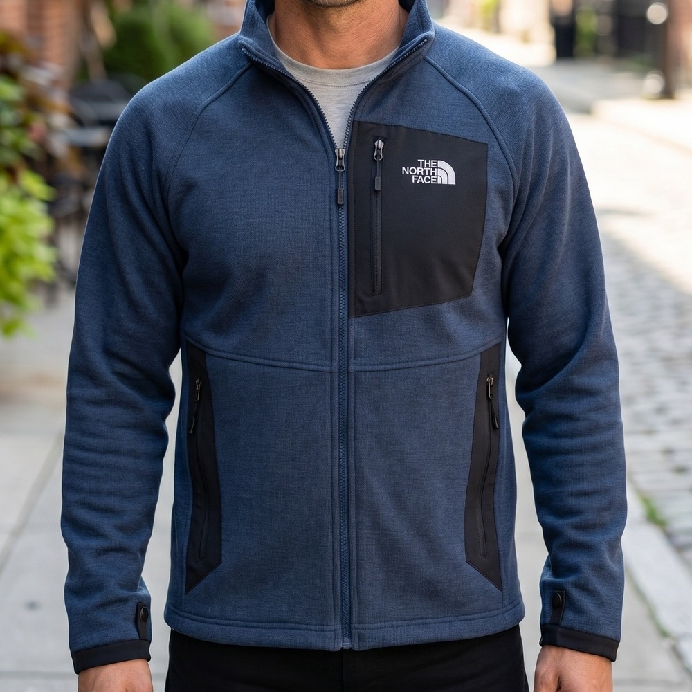The North Face Mens Blue Full Zip Textured Fleece Jacket Mock Neck Hiking L